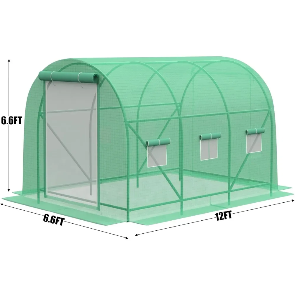 12×7×7 FT Greenhouses Heavy Duty Walk in Green House with 6 Ventilated Mesh Windows & Roll-up Door & Reinforced Frame