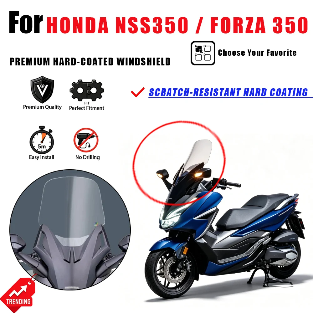 Para Honda NSS350 Forza 350: Para-brisa Elevado com Película de Revestimento Rígido, Defletor Frontal, Acessórios para Moto, Cúpula