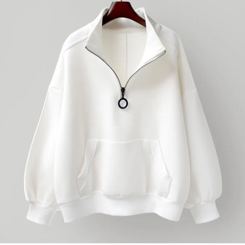 Pullover Women Sweatshirt Fall Casual Black Fashion Zipper Loose Long Sleeve Harajuku White Ladies Solid White Thin Coats