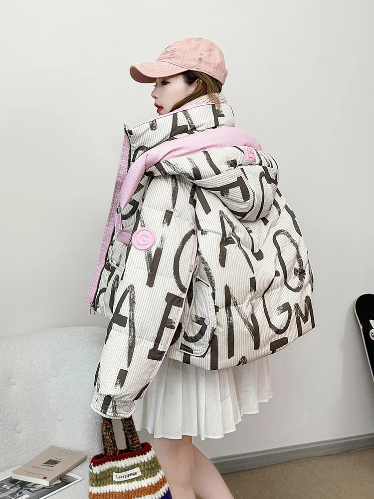 2025 new winter fashion short 90 white duck down bread jacket women letter printed trendy versatile casual down jacket