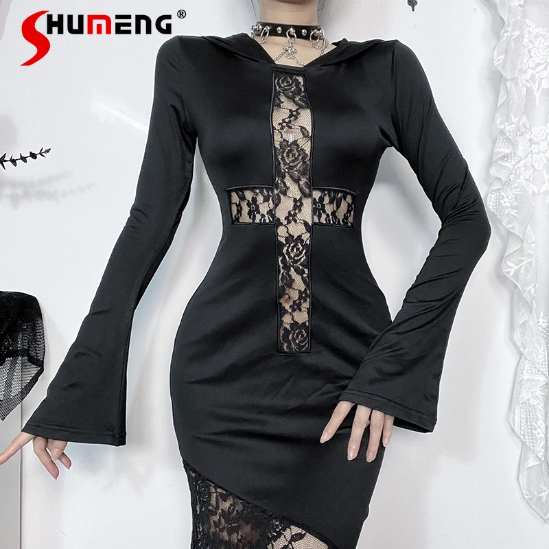

Japanese Rojita Style Halloween Outfit Dark Witch Cosplay Costume Lace Dress Black Gown Dresses Slimming High-waisted Vestidos