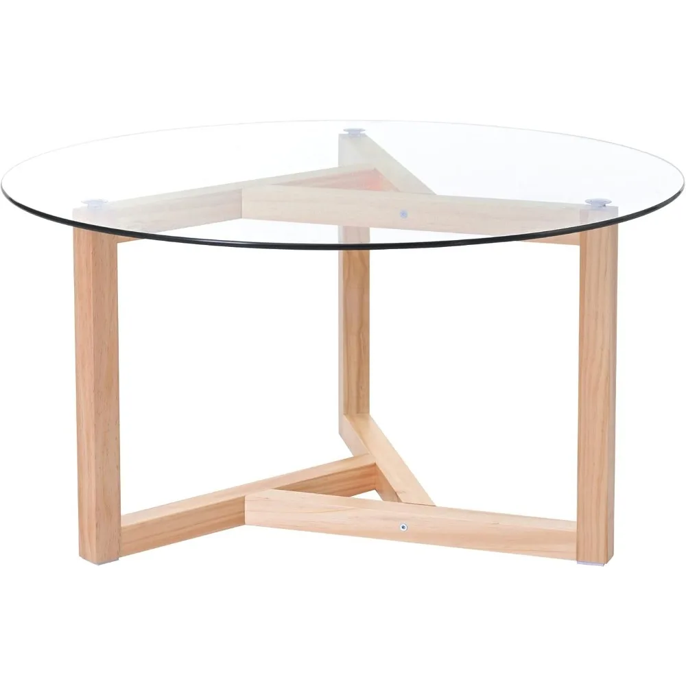 Round Glass Coffee Table Modern Cocktail Table Easy Assembly with Tempered Glass Top & Sturdy Wood Base, Espresso