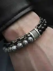 1 pair of punk black beads with natural stone bead chain double-layer bracelets men's fashion single holiday travel leisure