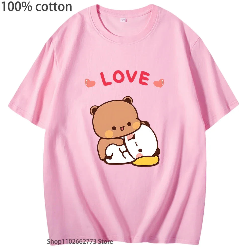 Koszulki graficzne Bubu Dudu Hugs Love, urocza koszulka z pandą, dziewczęce koszulki kawaii z nadrukiem, codzienne koszulki 100% bawełna, odzież damska, odzież męska