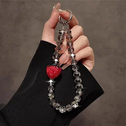 Luxury Rhinestone Strawberry Hand Chain Wrist Short Lanyard With Clip Mobile Phone Case Retro Cute Keychain Pendant Accessories