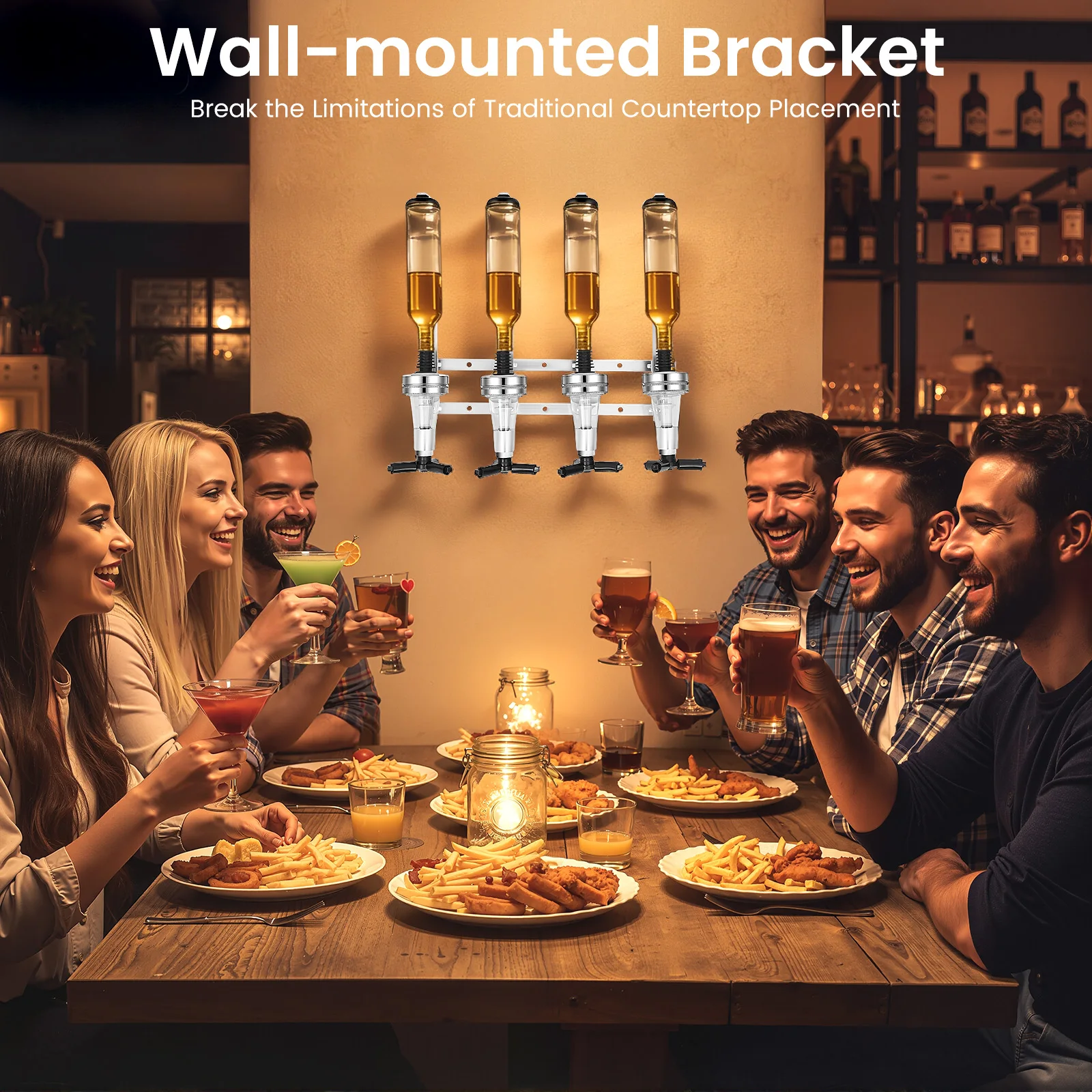 4-Bottle Wall-Mounted Liquor Dispenser – Aluminum Alloy + ABS – 25ml Optics – Spring Telescoping Handle – Anti-Slip Mat – Leak-Proof Valve – 15.35