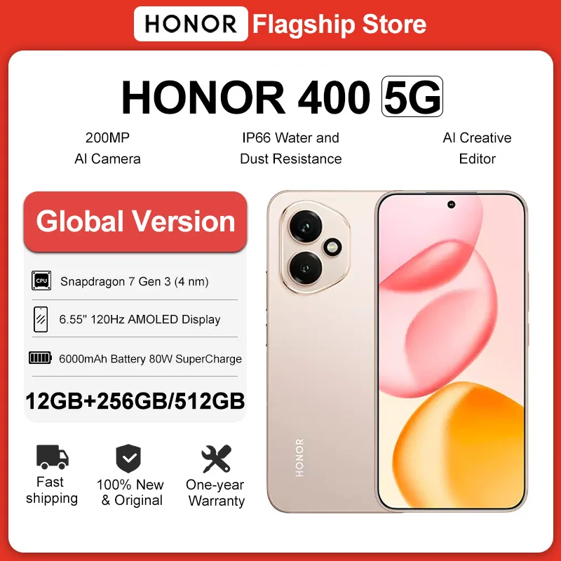 100 % Original HONOR 400 Global Version 5G Smartphone 6,55" AMOLED Display Snapdragon 7 Gen 3 6000mAh Akku 80W SuperCharge NFC