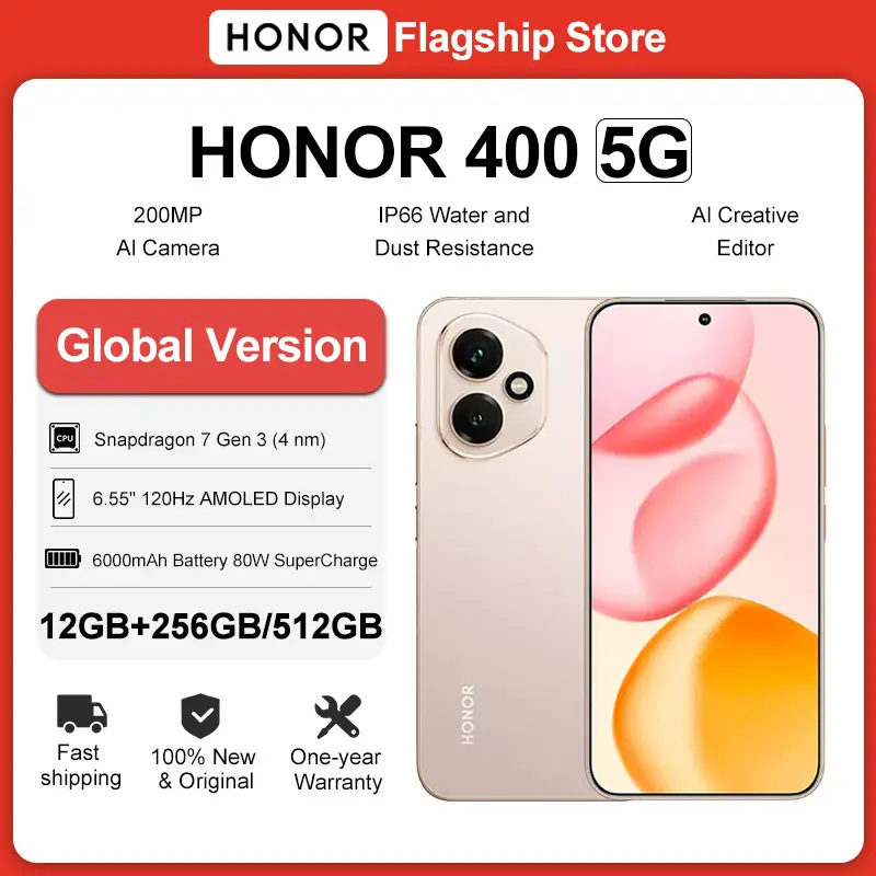 هاتف ذكي HONOR 400 الإصدار العالمي 5G - شاشة AMOLED مقاس 6.55 بوصة، معالج Snapdragon 7 Gen 3، بطارية 6000 مللي أمبير، شحن فائق السرعة 80 واط، NFC