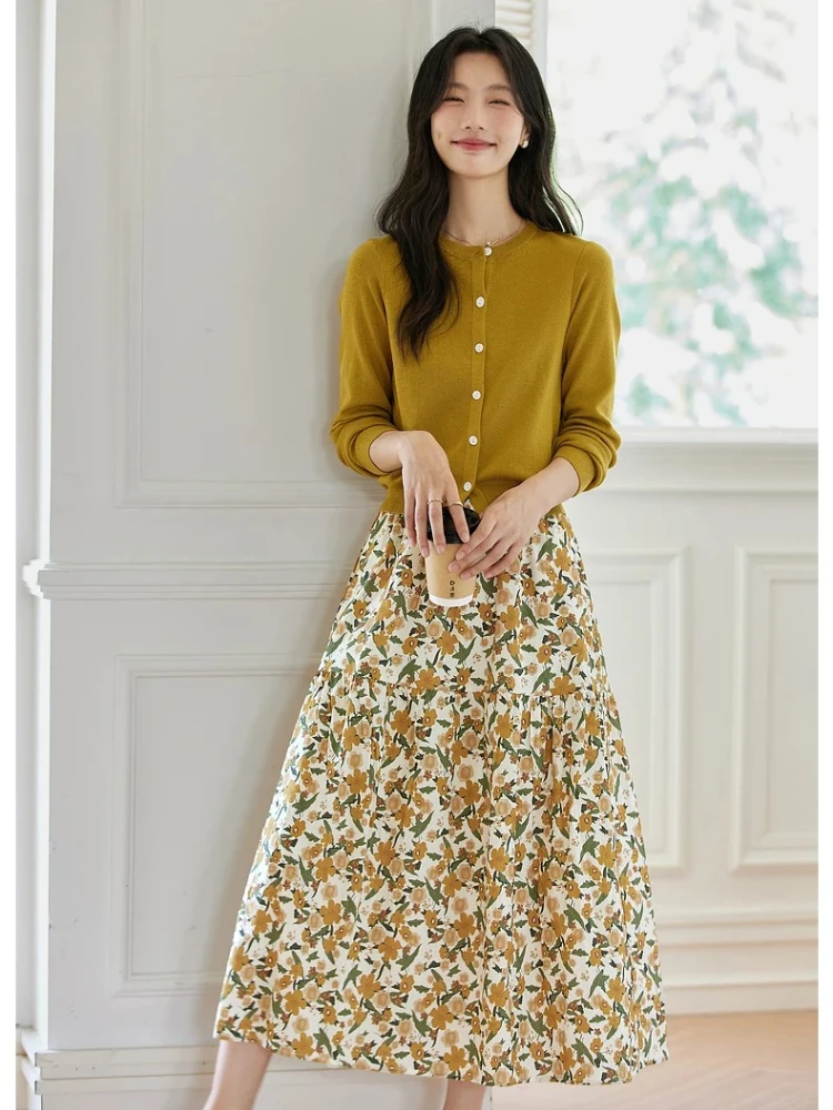 

VIMLY Vacation Outfits Woman 2025 Skirt Suit Autumn 2025 Yellow Knit O-neck Tops Floral Print Long Skirts Women's Suit Set A2055