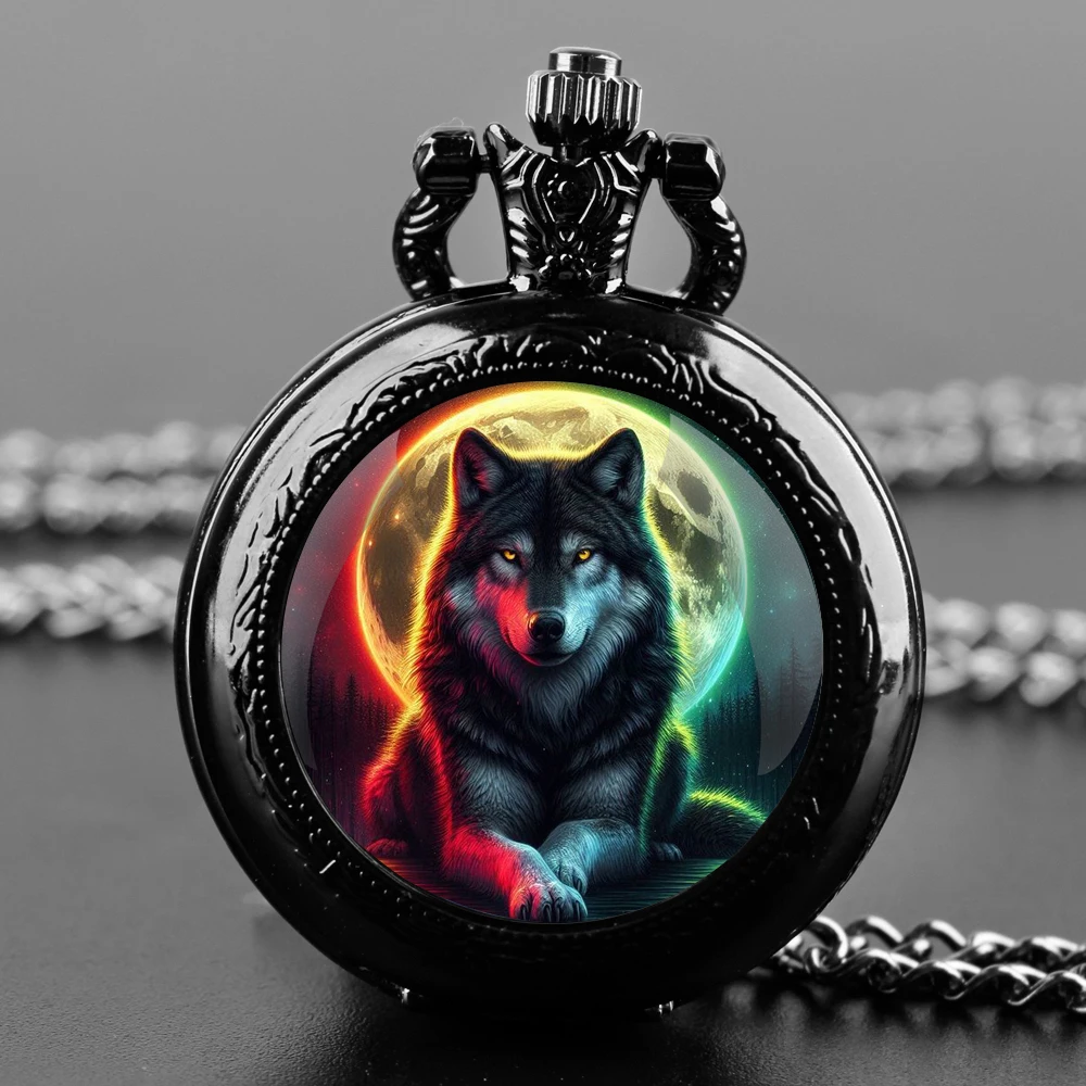 Reloj de bolsillo con diseño de lobo luminoso para hombre y mujer, pulsera de cuarzo con cúpula de cristal, cadena duradera, esfera de números árabes, regalos creativos