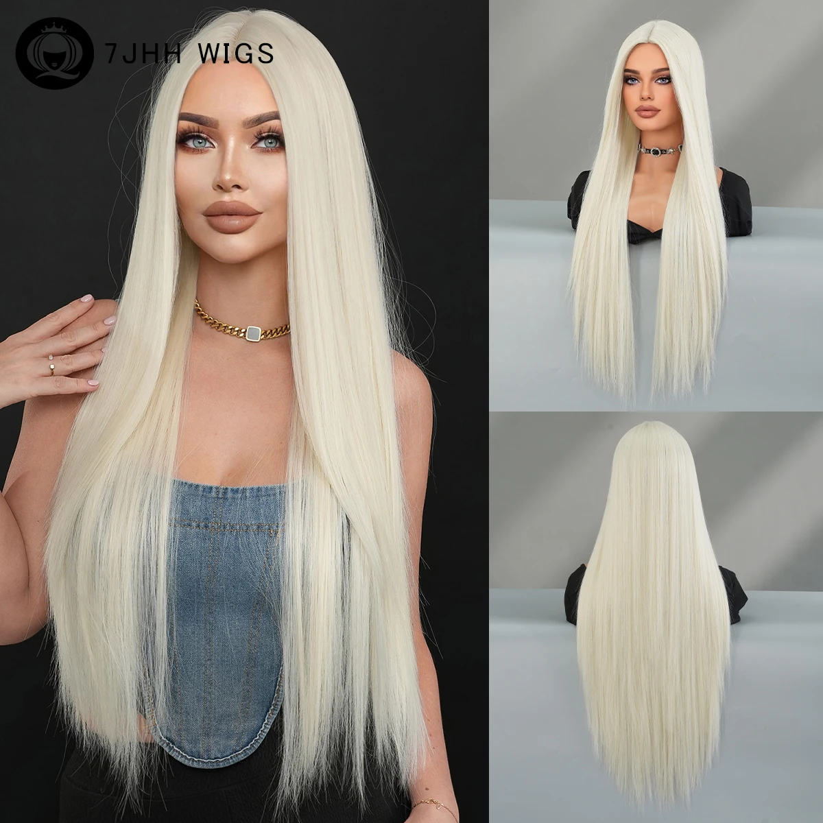 

7JHH WIGS Costume Wig Synthetic Middle Part White Wigs for Women Daily Party High Density Long Straight Hair Wig 32Inches