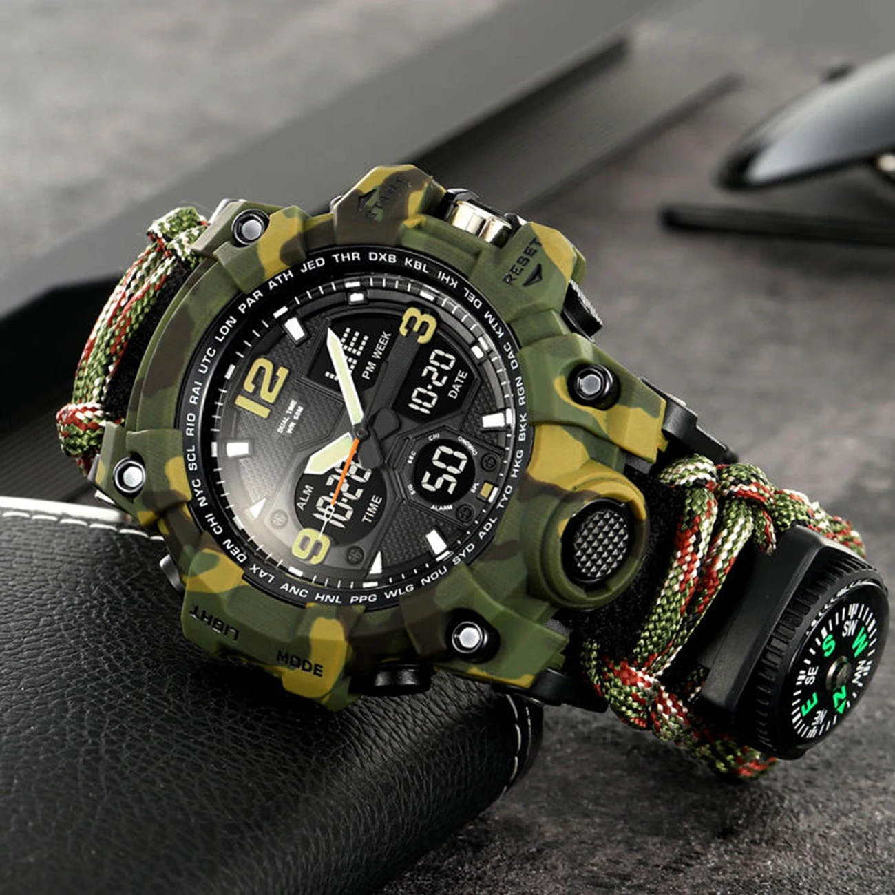 Military Outdoor Survival Watch Compass Thermometer Multifunctional Analog Digital Watch Dual Display LED Watch Waterproof