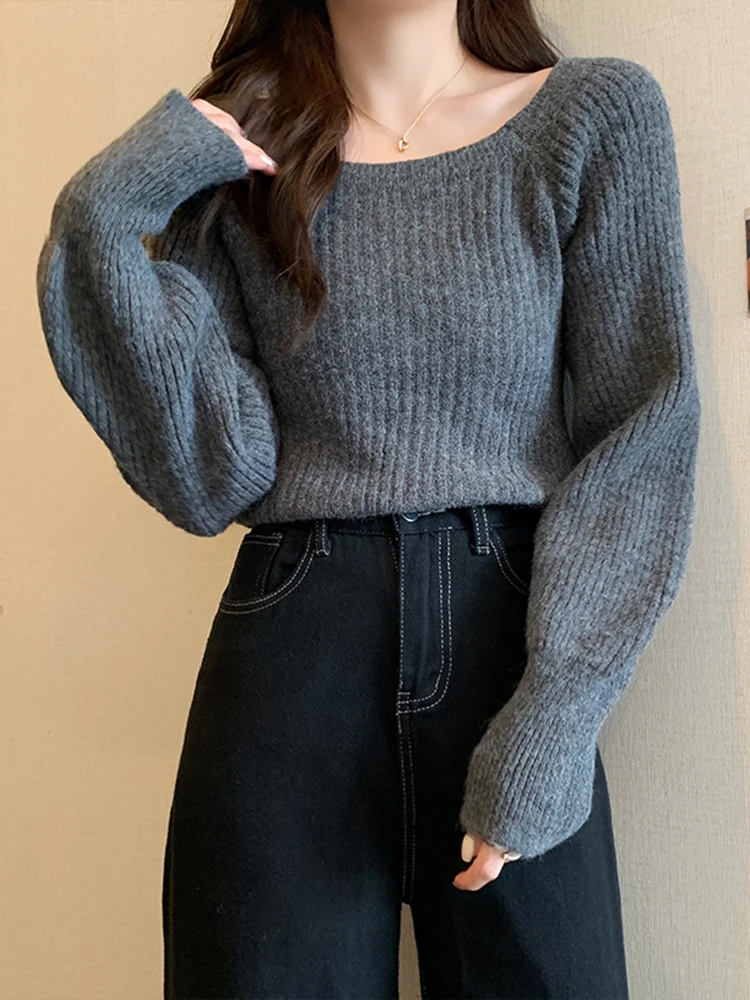 Herbst Winter Lose Frauen Pullover Casual Weiche Lange Puff Sleeve Pullover Jumper Strickwaren Grundlegende Pullover Für Frauen Tops – Detail 11