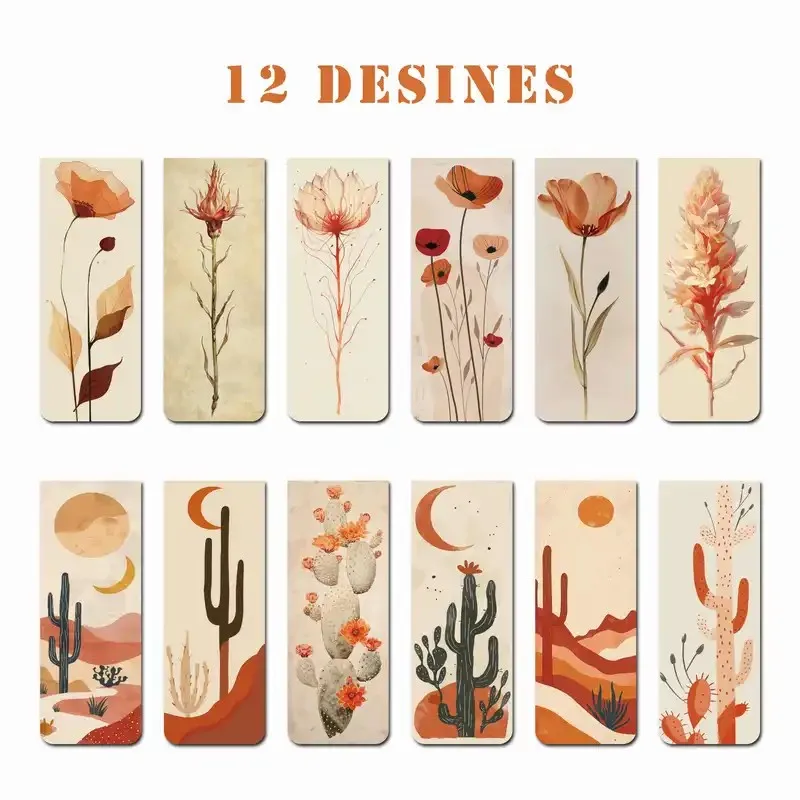 12pcs Cactus&Floral Magnetic Bookmarks, High-Definition Print, Assorted Paper Page Markers for Readers & Students