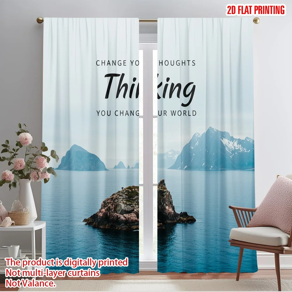 

2pcs 2D flat printing Curtains Thinking Change World 100% Polyester Fabric Without Electricity Festive Holiday Use for Outdoor