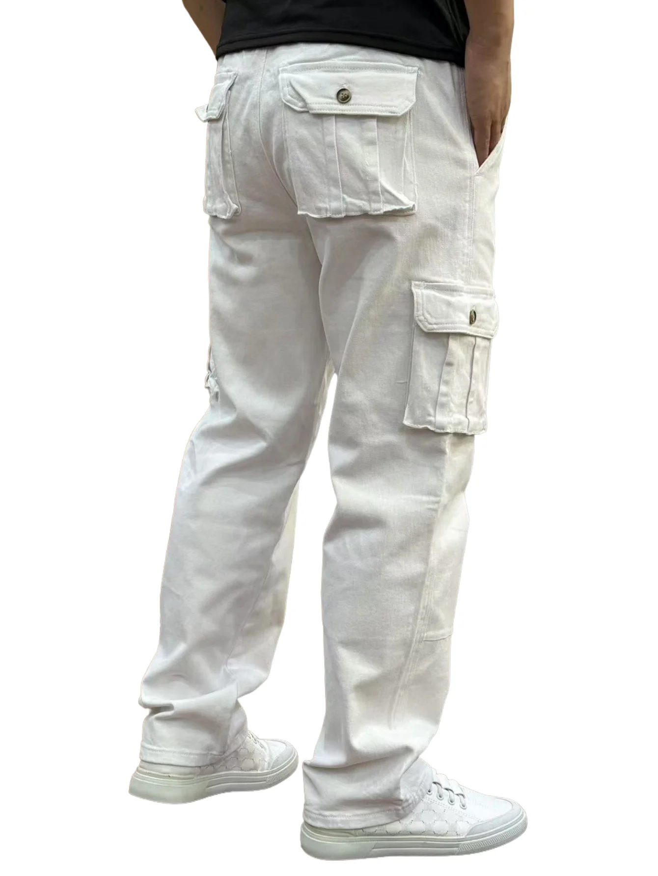 بنطال جينز رجالي من KING JEANS مع حزام خصر مطاطي أساسي أنيق للأعمال كلاسيكي أبيض مستقيم الساق
