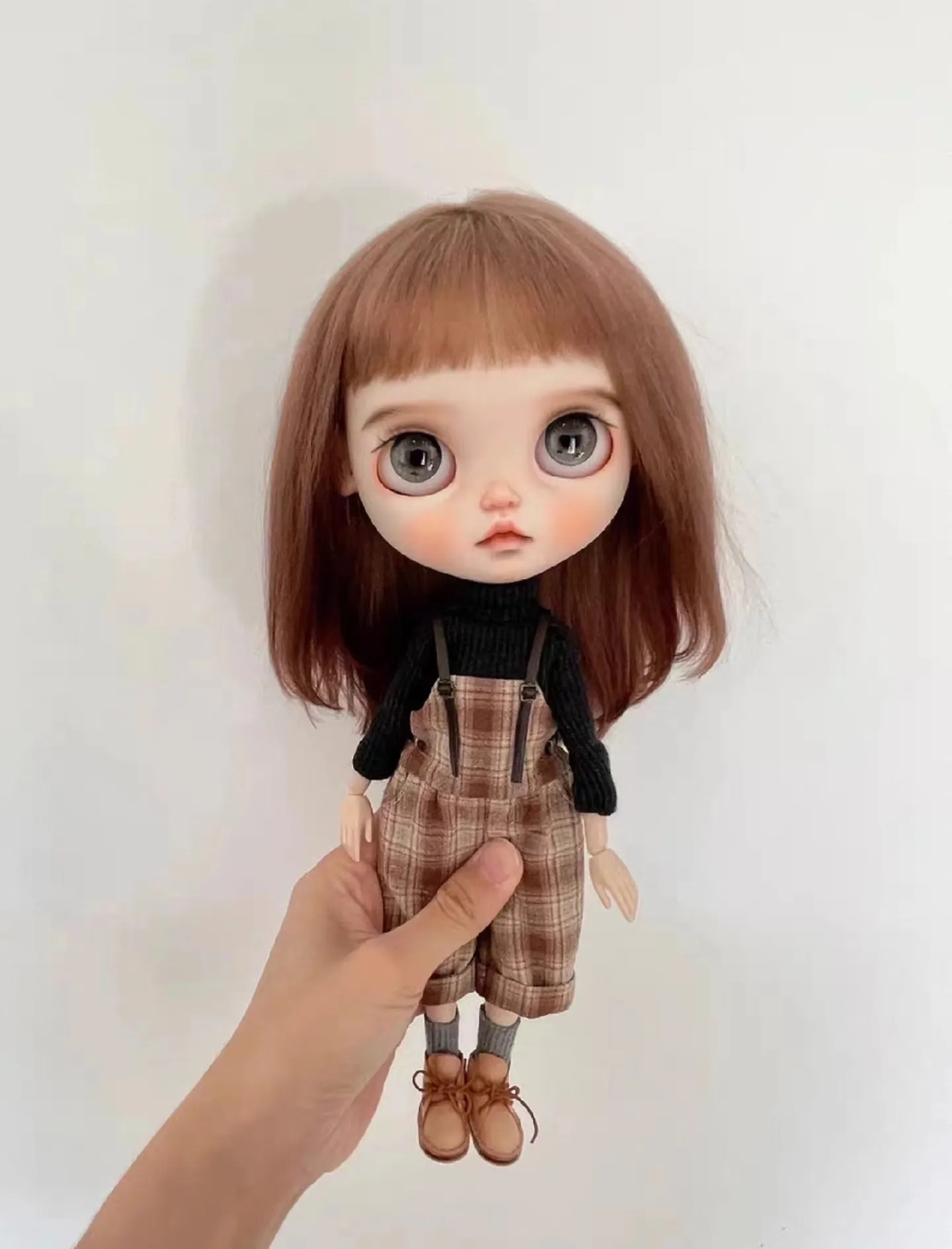 Original Blythe Grid Brushed Overalls set Black Threaded High Neck Shirt 2pcs (overall+shirt) 1/6 30cm(Fit for azone,Pullip,Ob22