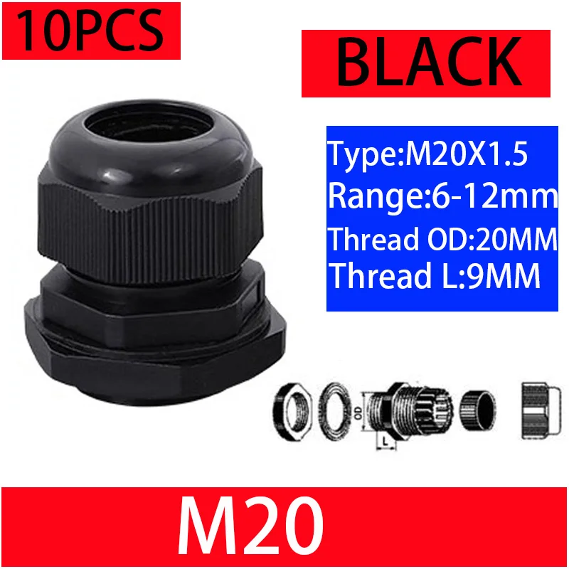 10PCs Wasserdichte Kabelverschraubung Schwarz Kunststoff Dichtung Joint Nylon M8 M10 M12 M16 M20 M25 M32 IP68 Weiß Kabel Befestigung nylon Stecker
