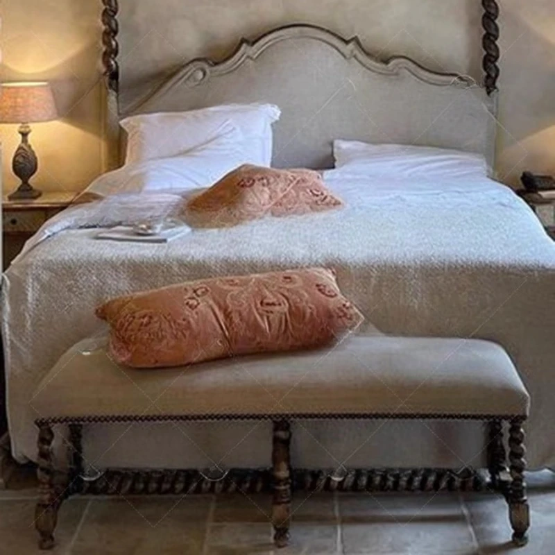 

American rural Roman column double bed French retro solid wood soft bag nostalgic high column bed