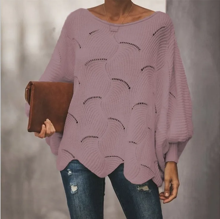 Women's Oversized Batwing Sleeve Crewneck Loose Hollow Knit Pullover Sweater