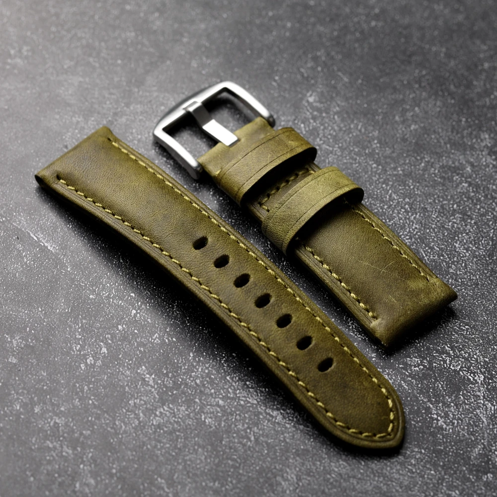 Handmade Head Cowhide Watchband 22 24MM Teal Vintage Genuine Leather For PAM111 441 Vintage Brushed First Layer Cowhide