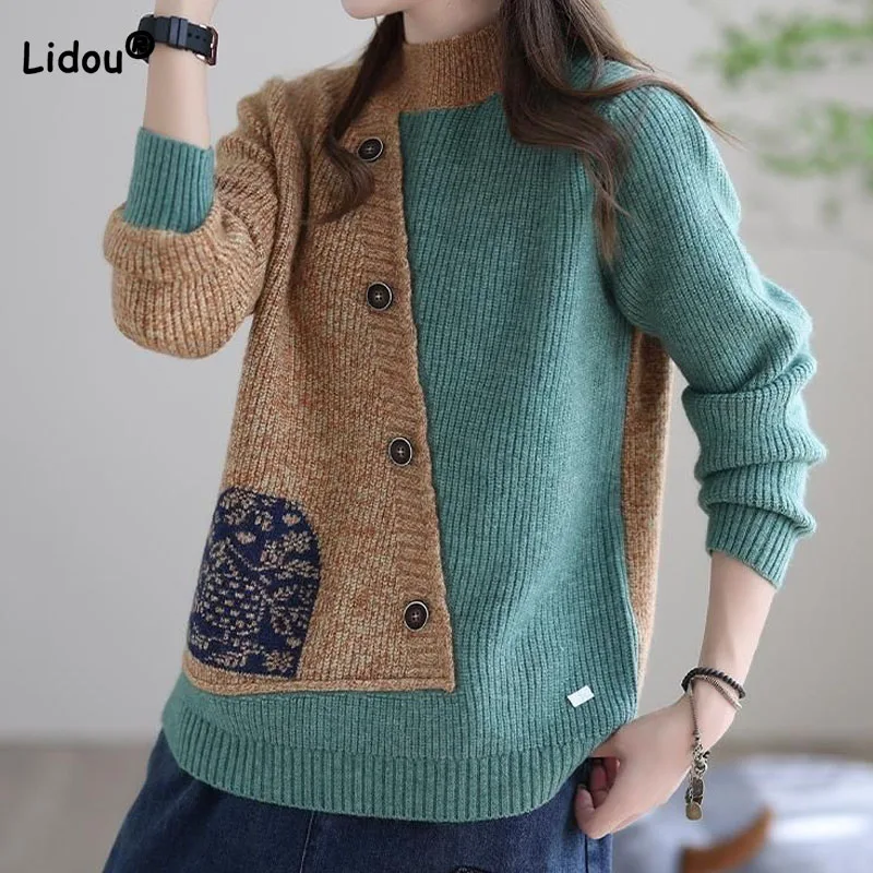 Vintage Half High Collar Sweaters For Female Autumn Winter Women\'s Clothing Fashion Loose Spliced Long Sleeve Knitted Pullovers