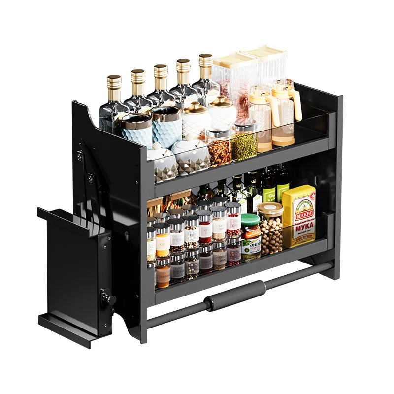Drop-down kitchen cabinet storage device kitchen storage double top cabinet seasoning basket steel drawer drop-down cabinet