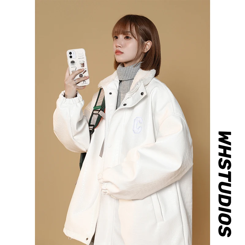 

Men's Winter Thiened down Cotton Jaet Warm Fce Lined PU Leather Coat Sli Streetwear Brand Cleanfit Sle Casual Wear