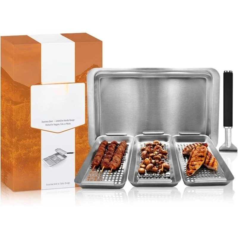 

Набор корзин для гриля BBQ 'N Serve — из 5 предметов из нержавеющей стали с 3 корзинами, съемной ручкой с зажимом и подносом для капель