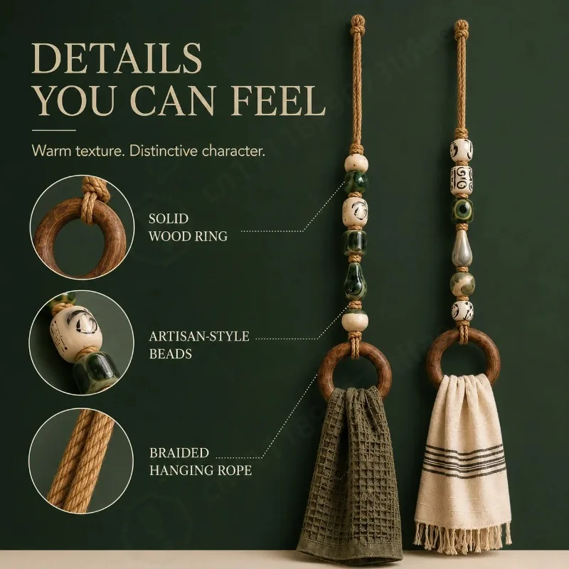 Decorative Beaded Towel Hanger with Wooden Ring - Rustic Wood Bead Hanging Holder, Hand Towel Holder for Bathroom & Kitchen Deco