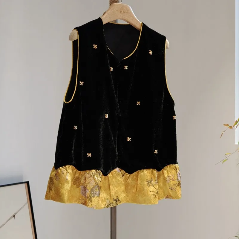 Blouse Jacket Vest Women's Autumn Velvet Patchwork Printed Lace Loose-fitting Lightweight Round Neck New Comfortable Minimalist