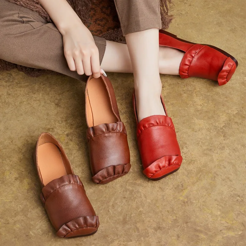 

Birkuir Pleated Flats Shoes For Women Slip On Loafers Belt Shoes Soft Soles Luxury Genuine Leather Square Toe Leisure Shoes