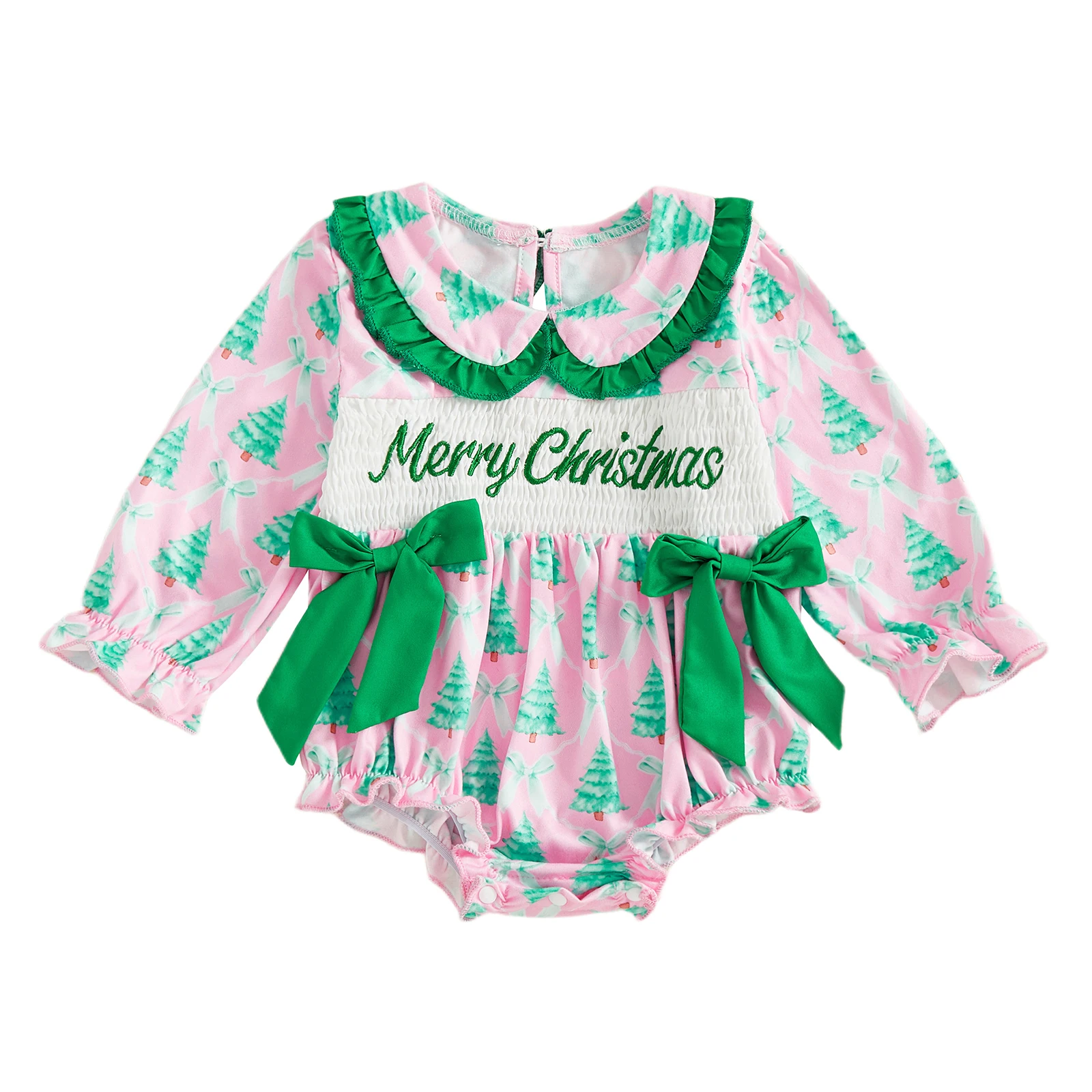 رومبير للفتيات الصغيرات لعيد الميلاد مع طباعة شجرة القوس وتطريز الحروف يتميز بياقة الدمية وبدلة بأكمام طويلة