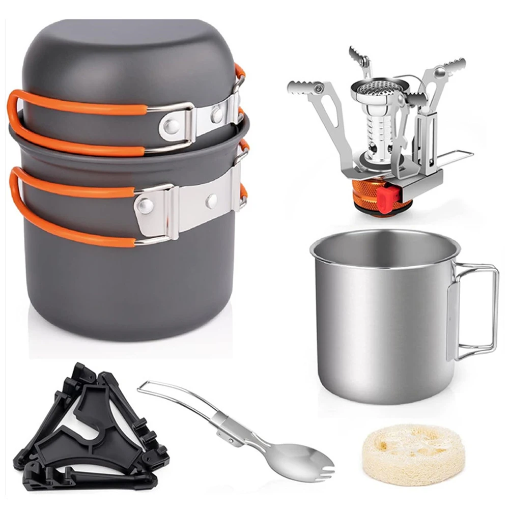 

Camping Cookware Set with Folding Camping Stove Lightweight Pot Pan Set with Stainless Steel Cup & Fork Spoon for Outdoors