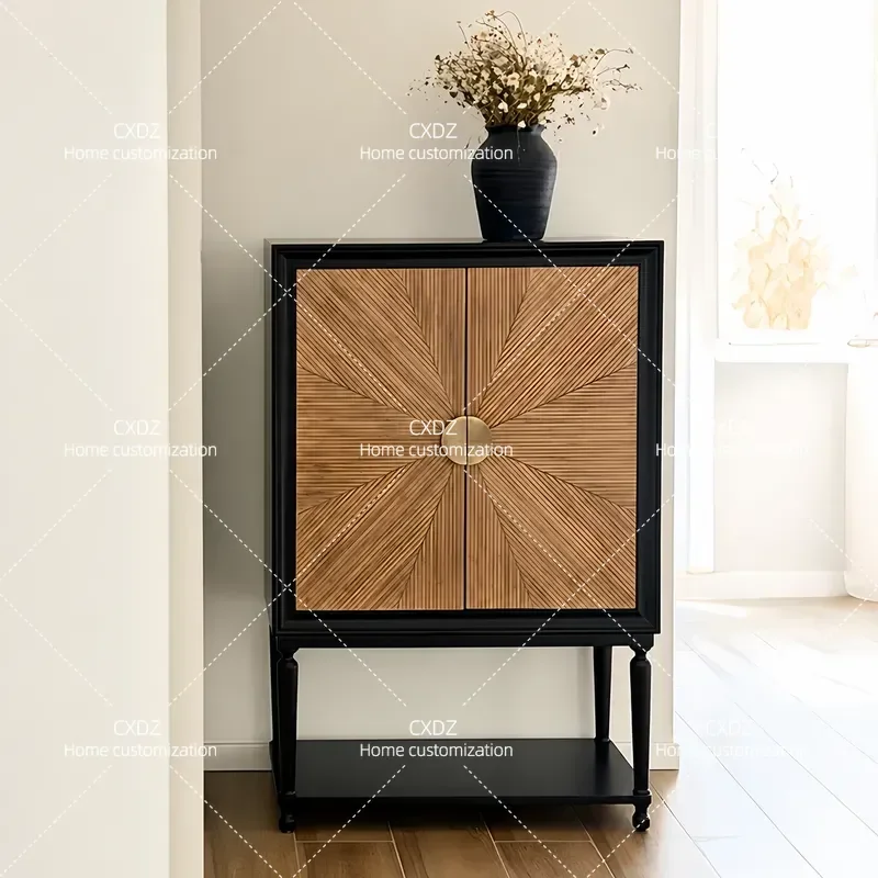 Retro Entrance Cabinet Solid Wood Black Frame High Storage Unit for Living Room Dining Area Light Luxury Decorative Sideboard