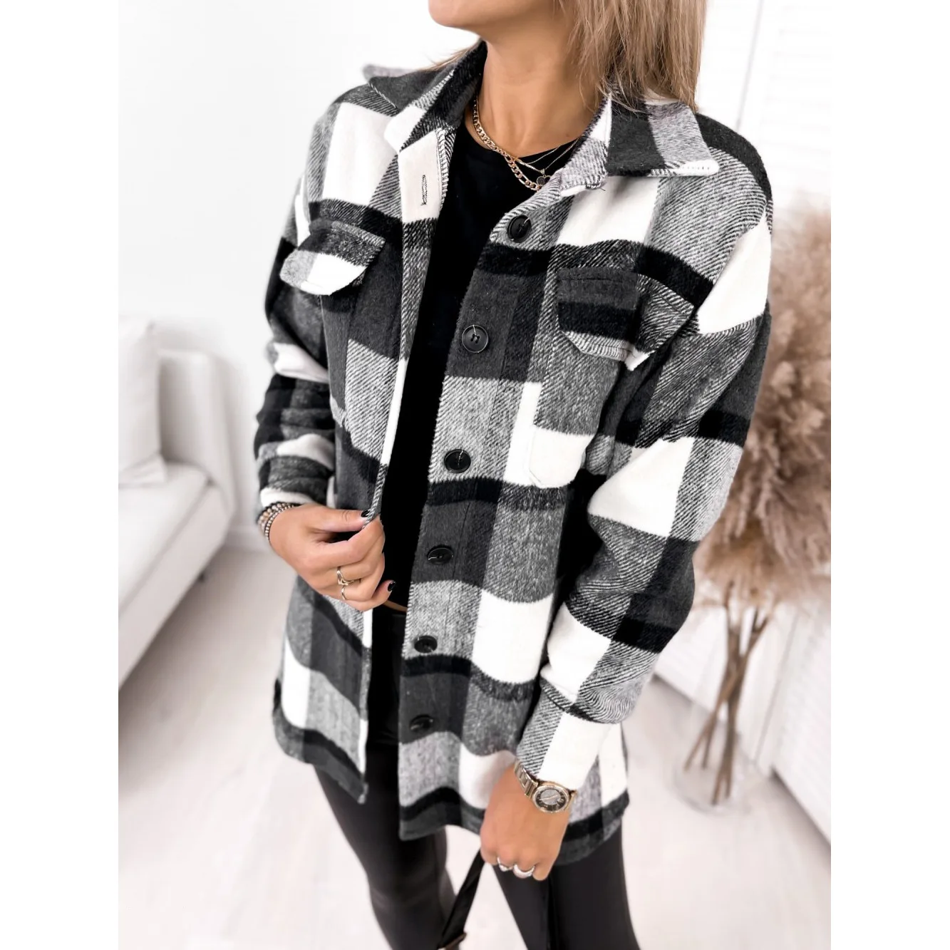 Ele – manteau Long à col irt pour femme, vêtement d'extérieur chaud en laine, motif à carreaux classique, sans chapeau inclus, automne