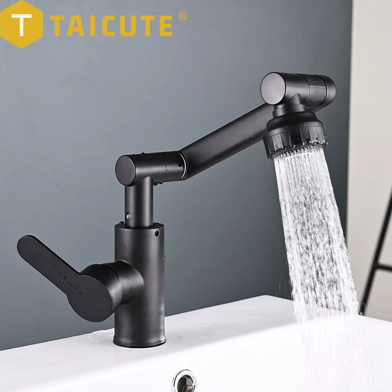 TAICUTE 360 Degree Sink Faucets 2 Modes Basin Mixer Hot Cold Water Tap Waterfall Faucet Black Bathroom Accessories Sets