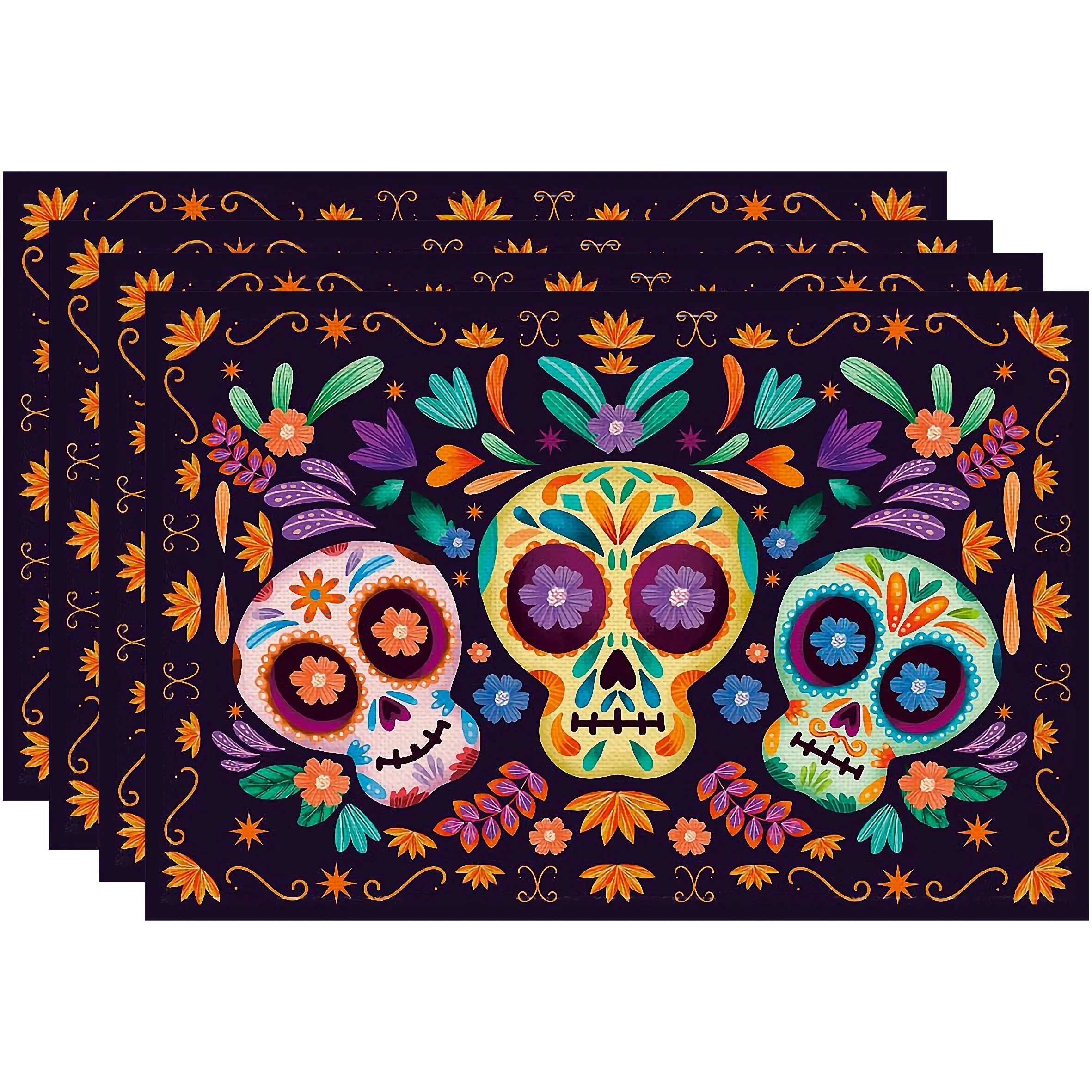 1pc, Linen Table Mat, Mexican Style Colorful Skull Placemats, Square Cinco De Mayo Table Pad, Dia De Los Muertos Decor