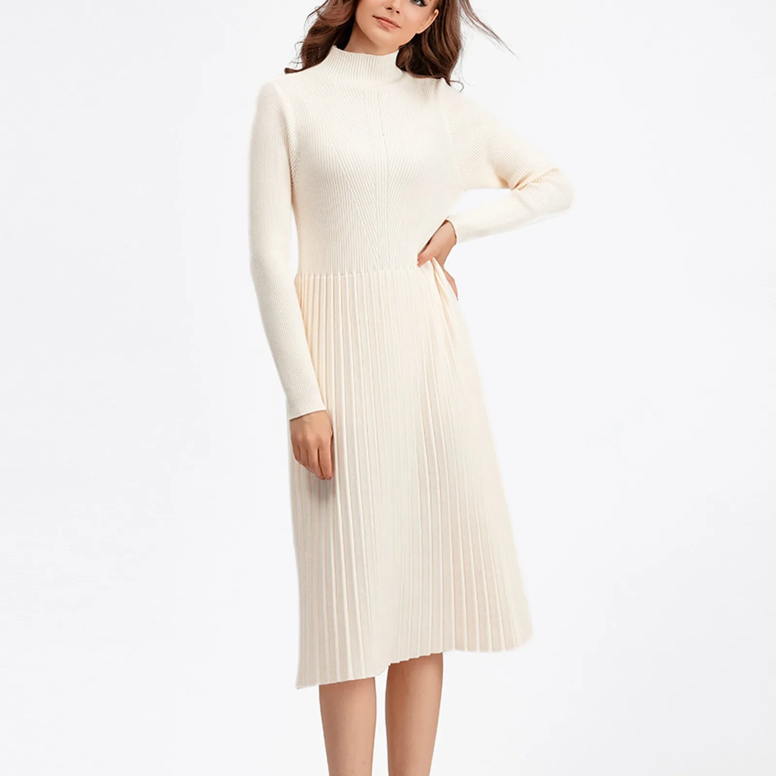 

Elegant And Pretty Women'S Dresses With Turtleneck 2024 Autumn Long Sleeve Sheath Knitted Dress Soft Rib Knit Loose Vestidos