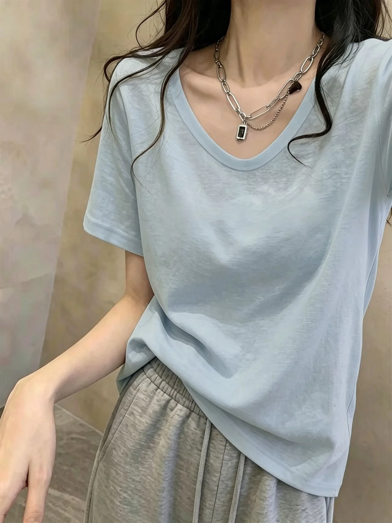 Ice Silk Snowflake Cotton Short Sleeve T-Shirt Women's Summer New Large Size Loose Slimming Pure Color Thin V-Neck Top