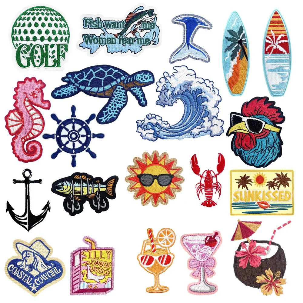 

Cartoon Beach Series Embroidery Patch Cloth Seahorse Planet Surfboard DIY Accessories Stickers Iron on Patches Appliques Scp