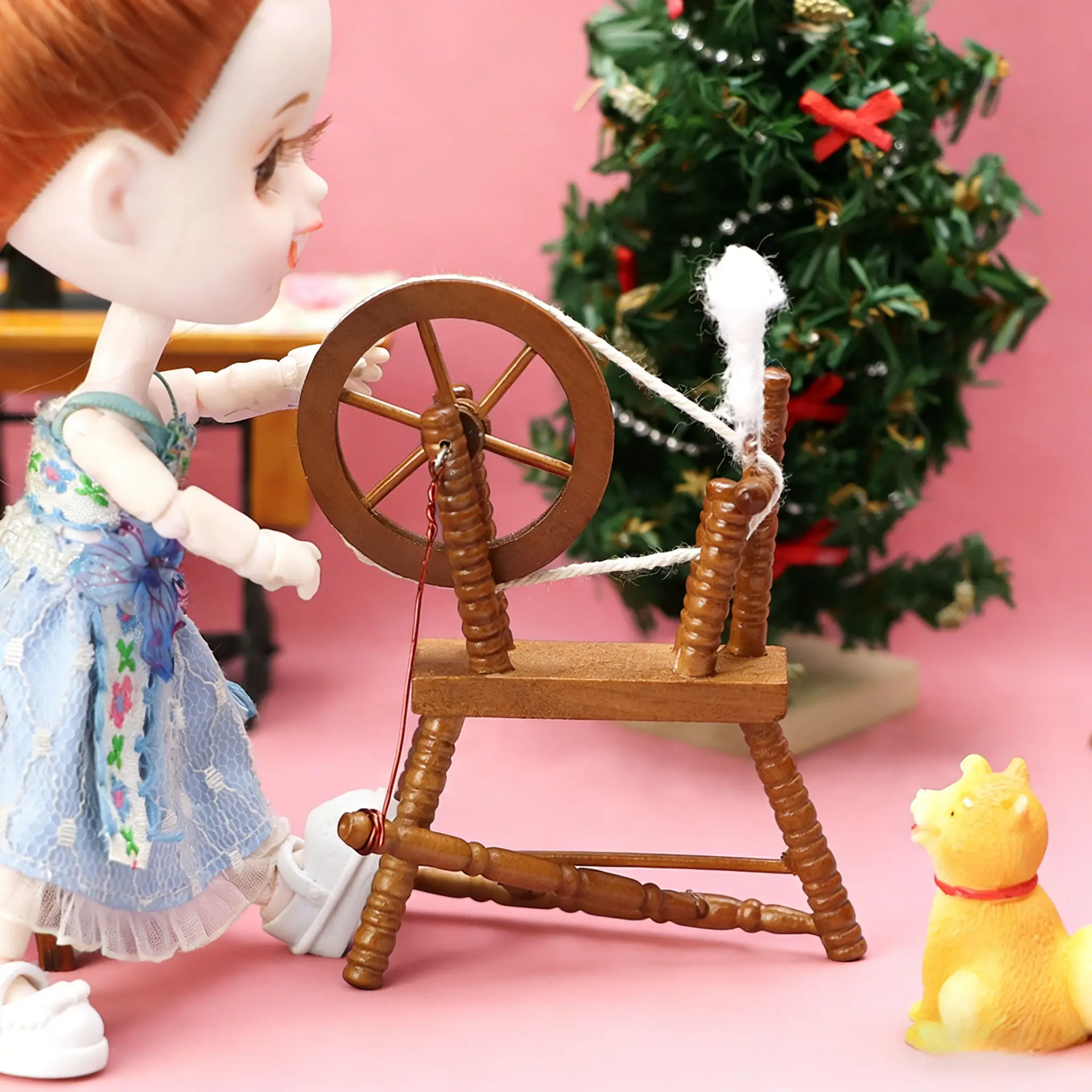 3PCS 1:12 Dollhouse Mini Retro Wooden Spinning Wheel - Chestnut Vintage Furniture Model Accessory for Miniature House Decor