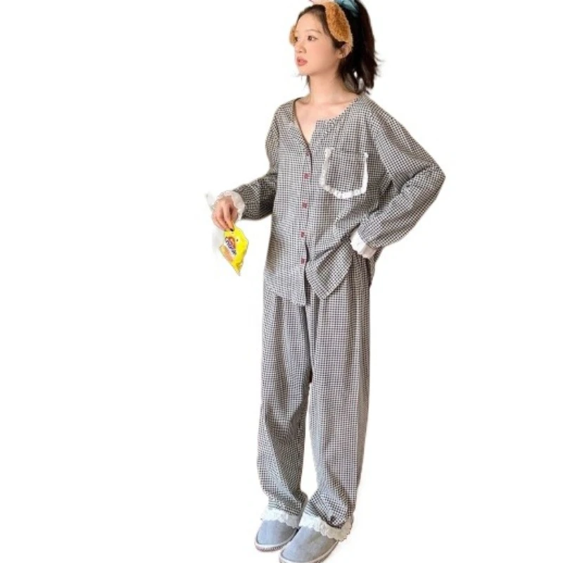 

Корейский весенне-осенний новый комплект из двух предметов: пижама с кружевной отделкой и клетчатыми брюками, удобный повседневный домашний костюм для женщин