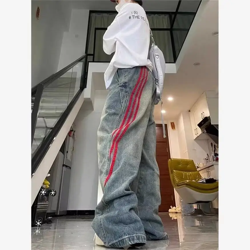 American hip-hop retro jeans for men and women loose and trendy straight leg striped patchwork casual washed wide leg pants