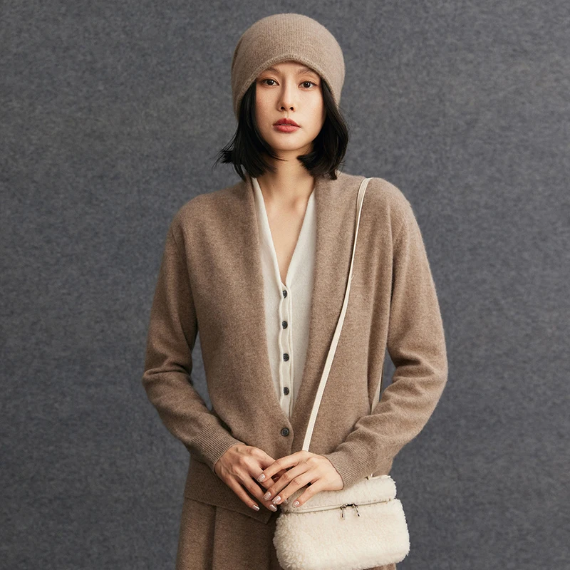 

Новый роскошный женский кашемировый свитер в стиле преппи, кардиган с V-образным вырезом, вязаный из 100% кашемира, осенне-зимний, имитация двухслойности