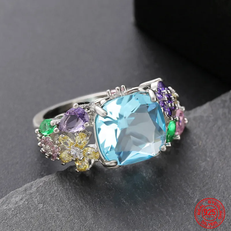 خاتم مربع من الأحجار الكريمة للنساء ، فضي إسترليني ، ملون ، هدية بريق ، مجوهرات الزفاف ، الموضة #2