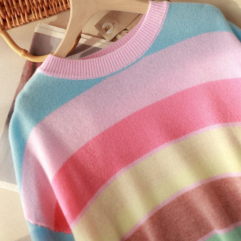 Rainbow Striped Round Neck Slim Sweet Korean Knitwear Women Casual Long Sleeve Pullover Tops Spring Autumn Chic Knitted Sweaters