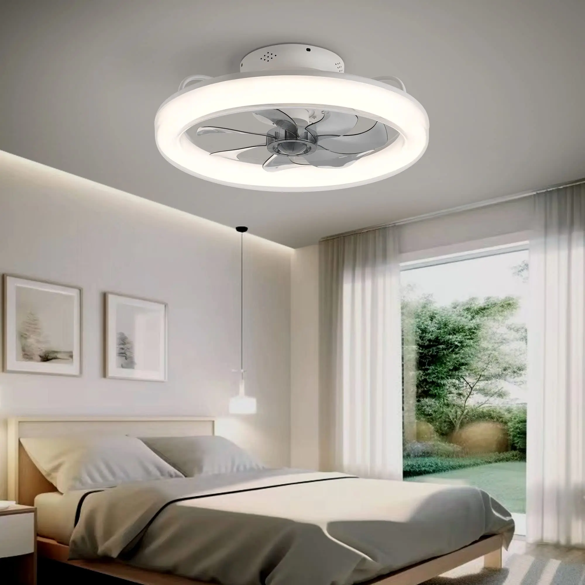 Ventilador de Techo de Perfil Bajo de 20'' con Luz, Ventilador de Techo Empotrado con Luces Regulables y 6 Velocidades, Aspas Reversibles, Ventiladores de Techo con Luces y Control Remoto, Control por Aplicación