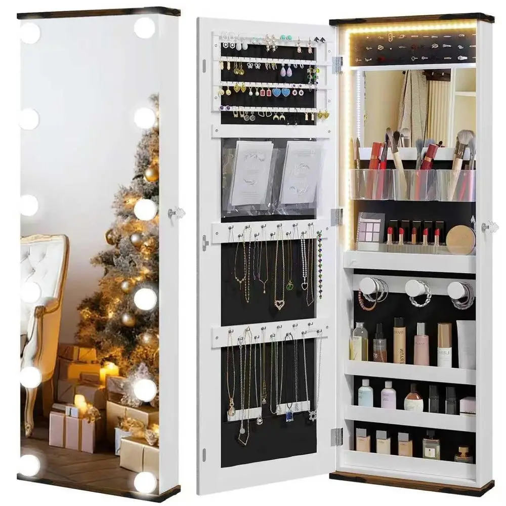 

the Door Jewelry Organizer, 12 Hollywood Bulbs Hanging Jewelry Armoire with Full Length Mirror, 43.5 Lockable Large Storage Jew