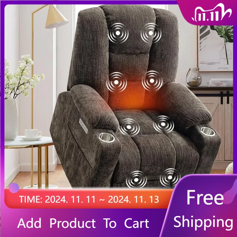 

Electric Power Lift Recliner Chair with Heat & Massage for Elderly,Chenille Fabric Reclining Chairs w/2 Metal Cup Holders